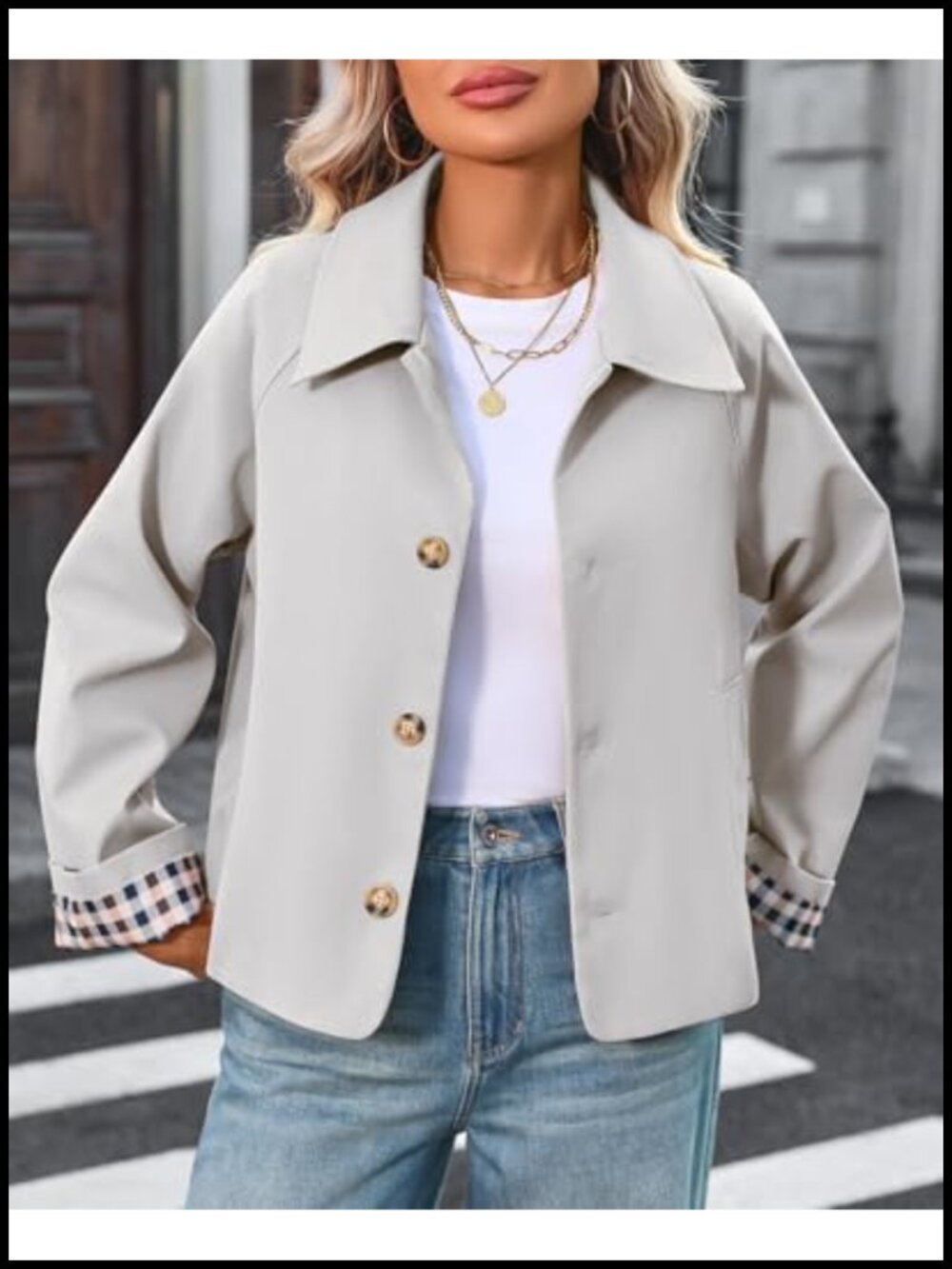 Cropped Trench Coat Single Breasted Lightweight Loose Fit Plaid Lining - Picture 2 of 6